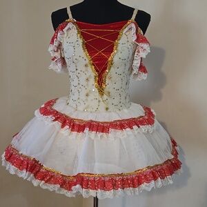 Revolution Ivory and Red Ballet Dance Costume with Gold Sequin  Trim